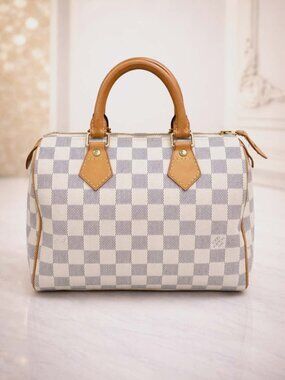 Authentic Louis Vuitton Speedy 25 Damier Azur White Checkered LV Handbag Satchel